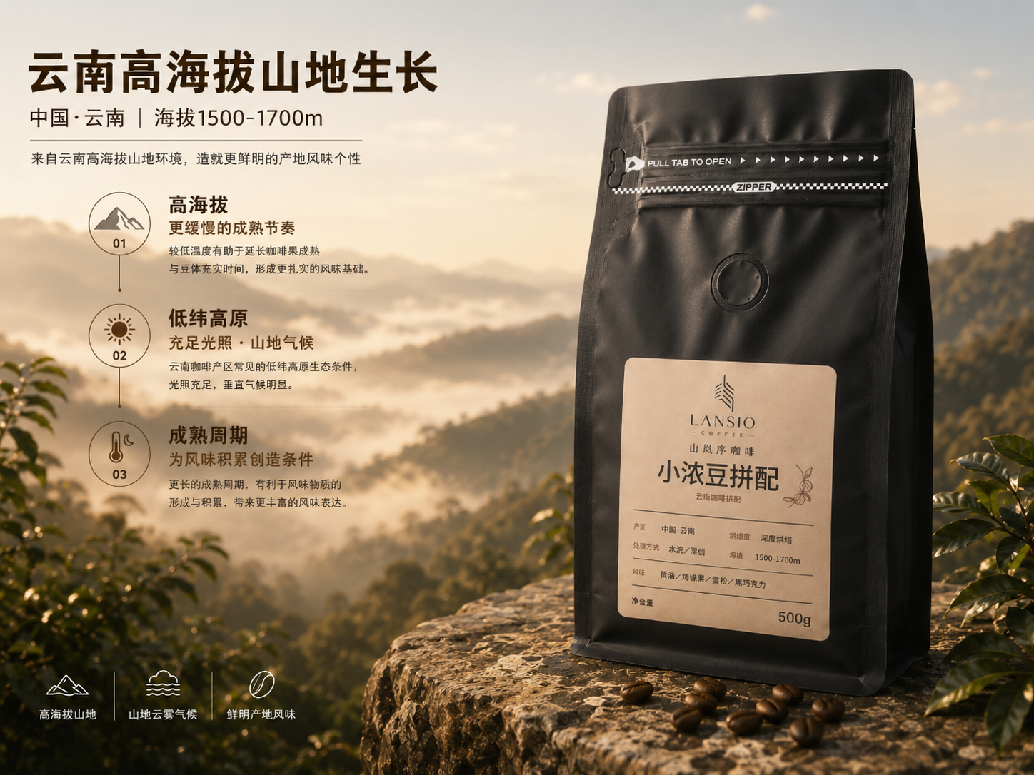 云南高海拔咖啡产区与小浓豆拼配500克包装展示